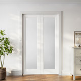 Frosted Glass 1-Lite Sliding Pocket Double Doors White Standard Door with Hardware Kit Set