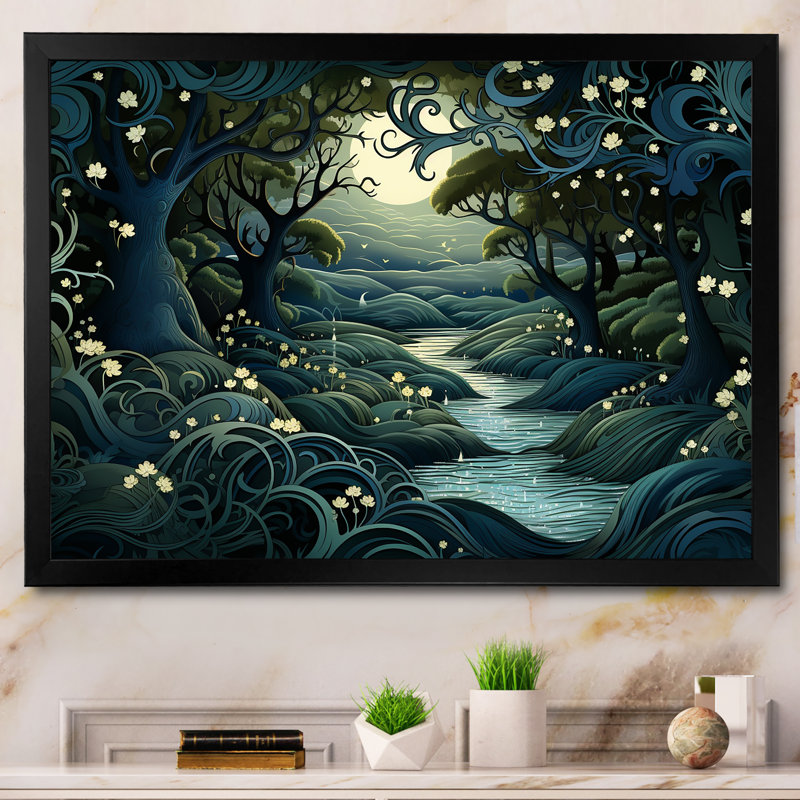 «Jungle River Collage At Night 2», art mural Jungle, Cadre d'angle fermé noir, H 16 po x l 32 po x P 1 po