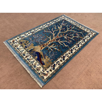 3,3 pi x 5,0 pi / tapis bleu illustré / tapis en laine fait à la main afghane / tapis oiseaux d'oiseaux / tapis à poils doux / 0,9 x 151 cm / tapis pour chambre à coucher / salon /
