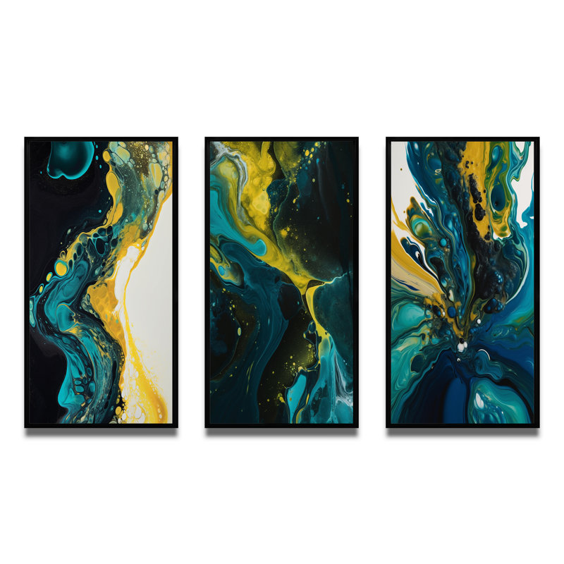 «Sarcelle et liquide jaune» - 3 pièces sur toile, Cadre flottant noir, H 32 po x l 48 po