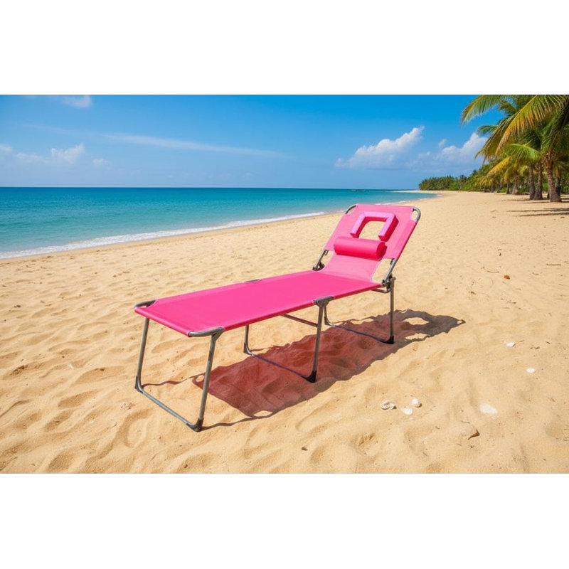 Fauteuil de bronzage pliant avec trou pour le visage, dossier réglable à 5 positions, coussin et poche latérale inclus, portable pour la plage, la piscine, le patio, rose