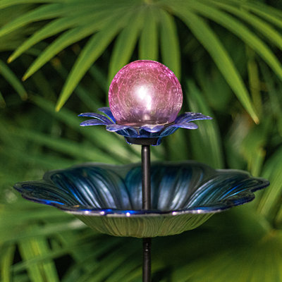 Outdoor Bird Baths, Flower Bird Baths With Solar Crackle Glass Globe Lights Decorations ,metal Stake,for Outdoor Garden Yard Lawn Outside Decor,blue