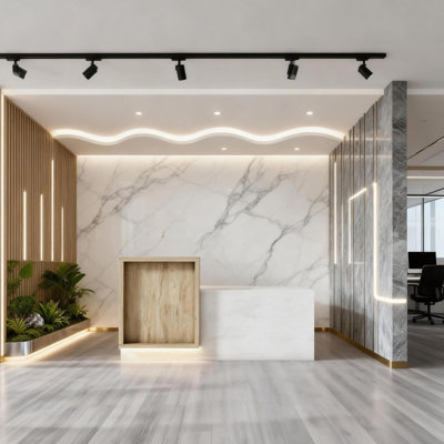 Modern Wood Grain Reception Desk, Minimalist Commercial Front Desk for Office & Hotel