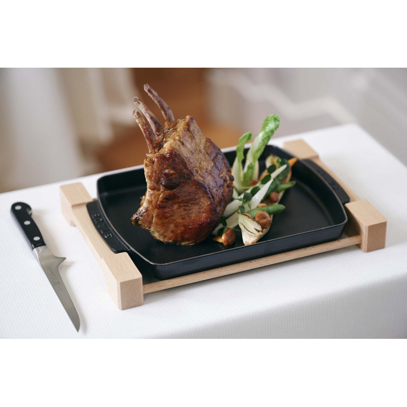 Staub Cast Iron 13 x 9-inch Rectangular Serving Dish with Wood Base - Matte Black