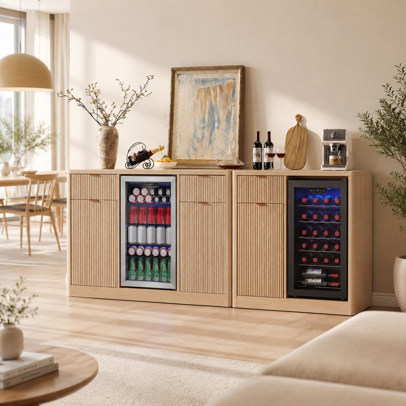 Meuble-bar à café UNAFLOR 2 pièces avec réfrigérateur, poubelle à bascule et borne de recharge, Naturel