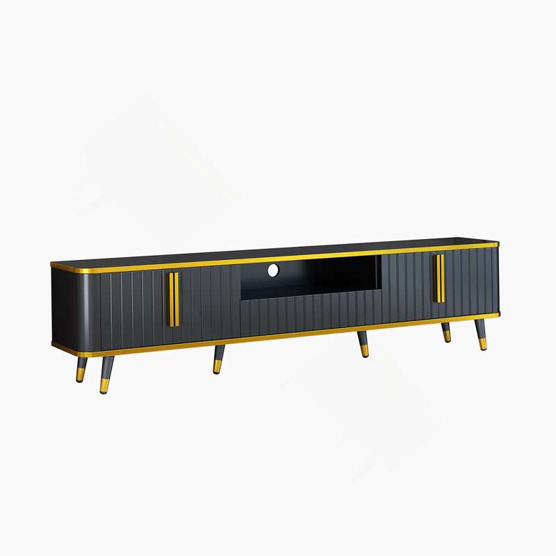 Meuble télé avec tablette de rangement ouverte, centre de divertissement avec armoires et tiroirs