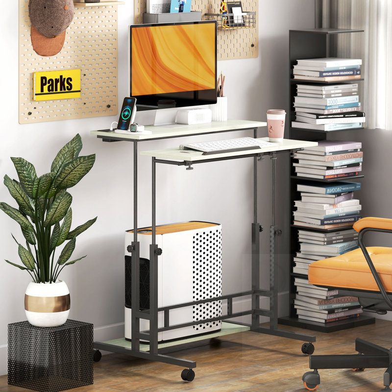 Bureau assis-debout réglable en hauteur avec prises électriques, roulettes et tablette