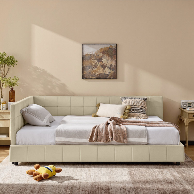 Structure de canapé-lit double capitonné en velours Mid-Century avec dossier et accoudoirs, beige (l 80,5 po x P 59 po x H 30,5 po)
