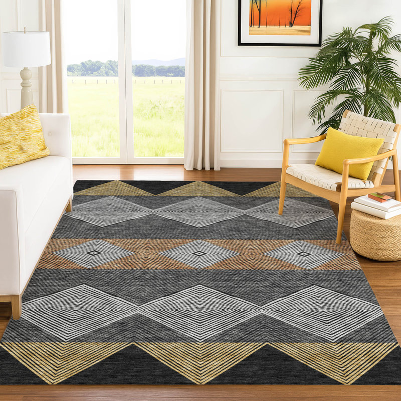 Machine Washable Indoor/Outdoor Chantille ACN2545 Geometric Rug, 5' x 7'6", Black