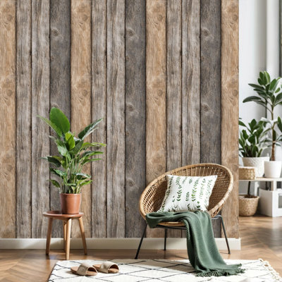 Papier peint à peler et coller avec planches de bois rustiques, grain de bois naturel, papier peint auto-adhésif amovible, décoration murale pour armoires de cuisine de chambre à coucher, 17,7 po x 118 po