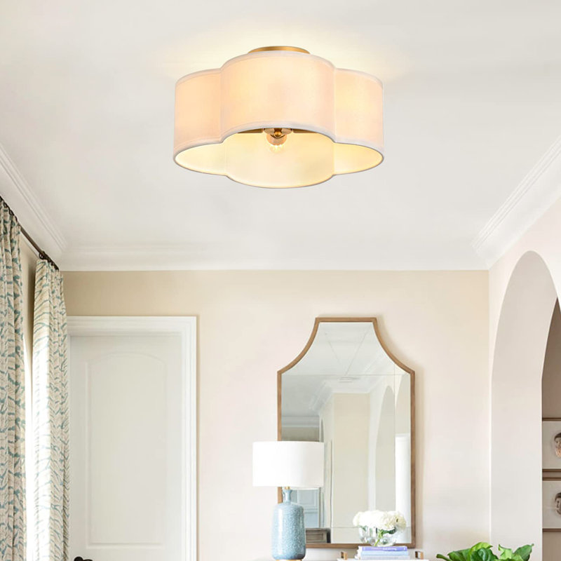 Gutherez Gold Semi Flush Mount Ceiling Light, 4-Light Ceiling Light Fixtures with Fabric Drum Shade in Flower Shape, 15 Inch Modern Light for Nursery Bedroom Kitchen Hallway