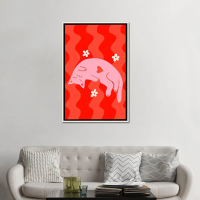«Pink Sleepy Cat» sur fond ondulé - reproduction d'art murale - toile encadrée