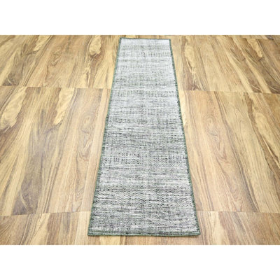 2'3"x8' Cotton White with Forest Green, Hand Knotted, Oxidized and Distressed Grass Design with Exposed Warps, 100% Wool, Narrow Runner, Oriental Rug