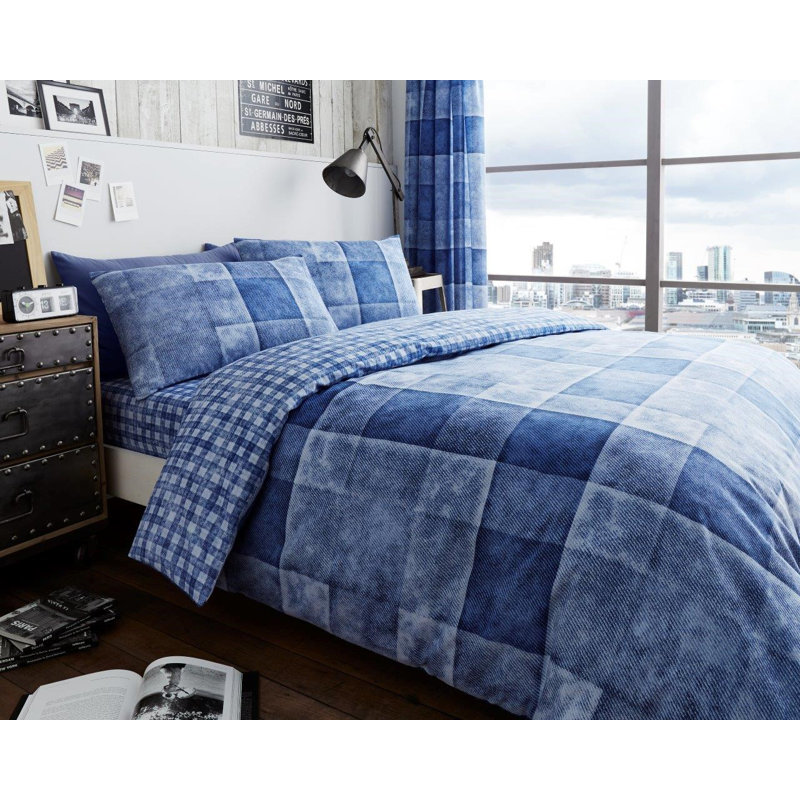 Modern Check Pattern Polycotton Duvet Cover and Pillowcase Set - Machine Washable, Double, Red