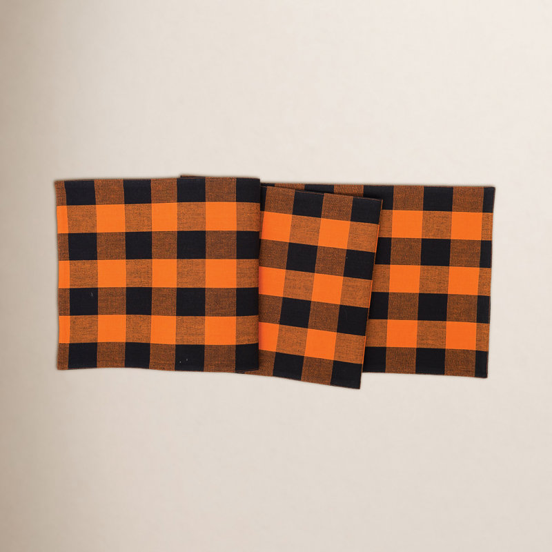 Loa Plaid Cotton Table Runner, Black/Orange