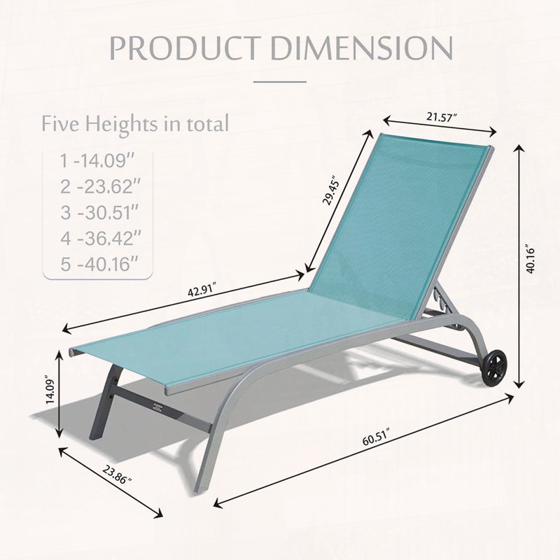 Ensemble de 2 chaises longues avec roulettes et positions réglables, Bleu lac