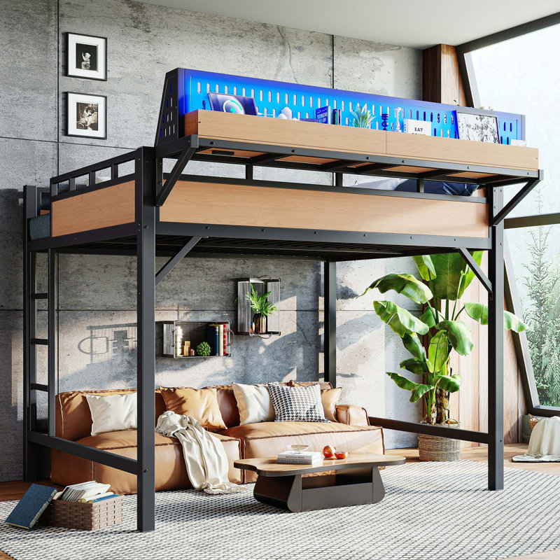 Structure de lit mezzanine en métal avec ports USB, lumières DEL et tablettes de rangement
