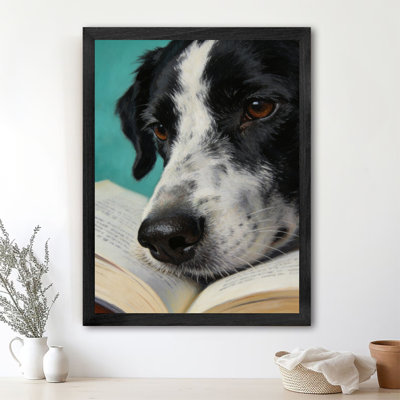 Encadré noir rétro Une idée fantaisiste: un chien lisant assidûment un art mural, impressions de style fantastique