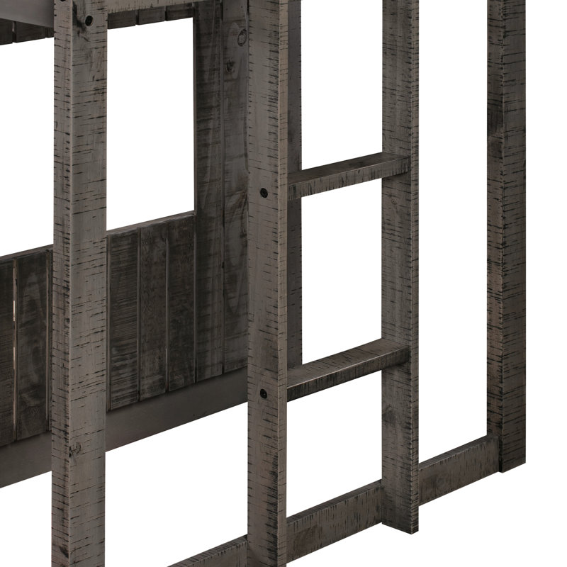 Lit superposé gris antique avec maisonnette et lit simple au-dessus de pleine grandeur, construction en bois massif pour garde-corps en bois, loft, pin