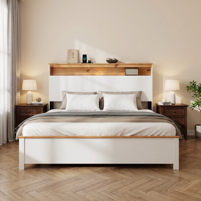 Lit de ferme rustique blanc King Size – Combine une tête de lit de rangement fonctionnelle et un système de chargement intégré, avec un processus d'assemblage simple et une utilisation quotidienne pratique.
