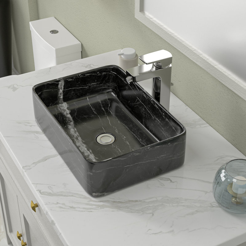 Black and Gray Marble Ceramic Rectangular Vessel Sink