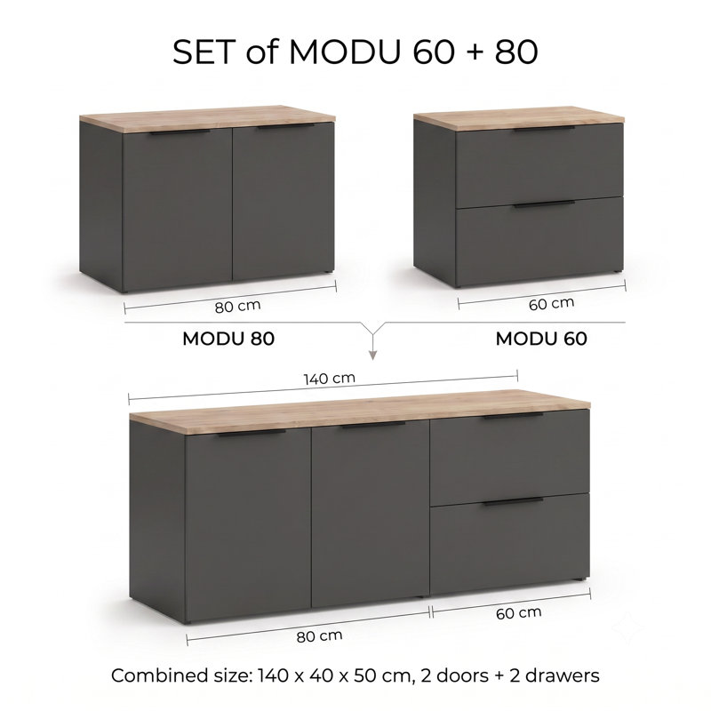 140cm Wide 2-Piece Modular TV Stand with 2 Doors and 2 Drawers