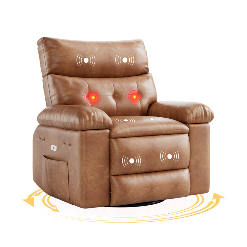 Swivel Rocker Recliner Chair, Massage Recliner Chair with Heat, 360° Swivel PU Leather Manual Recliner for Adults