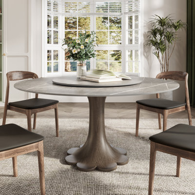 Grey Sintered Stone Round Dining Table With Lazy Susan, Solid Wood Pedestal 4-8 Seats