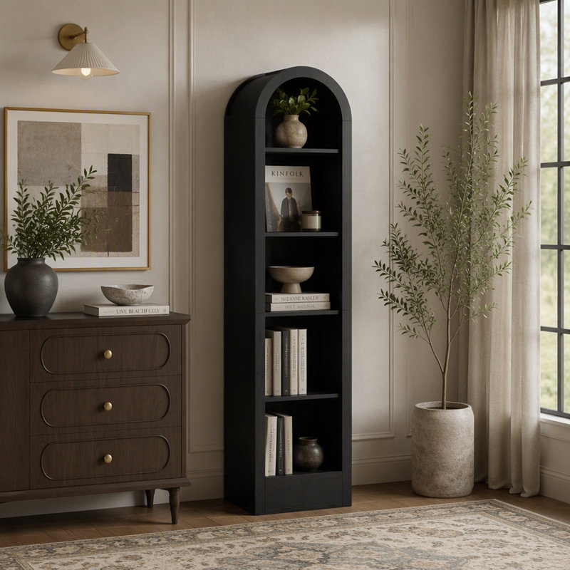Étagère ouverte à 4 niveaux en forme d'arche, étagère de rangement autoportante en MDF imitation bois avec trousse anti-basculement pour chambre, bureau ou salle de bain