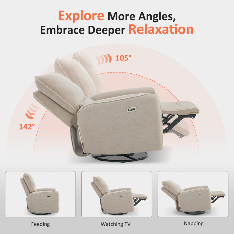 Swivel Glider Power Recliner Chair, Electric Rocker Recliner Chairs with USB Ports For Nursery, Fabric, Beige Fabric