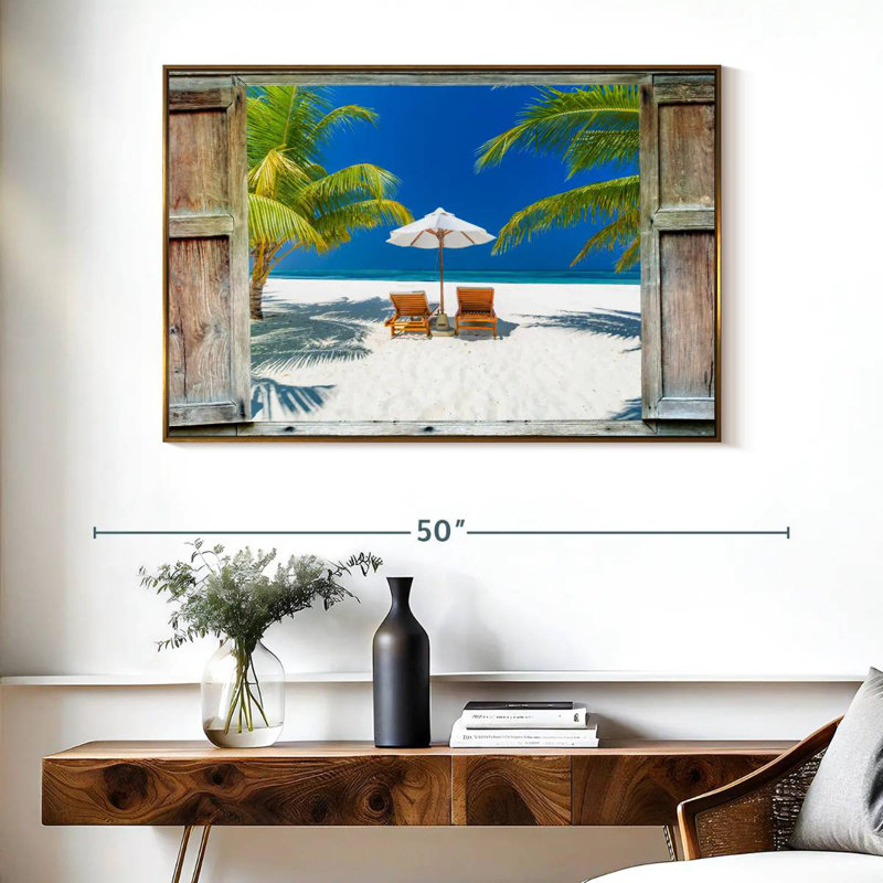 Fenêtre sur la côte des Maldives, Cadre flottant doré, 40 po x 27 po
