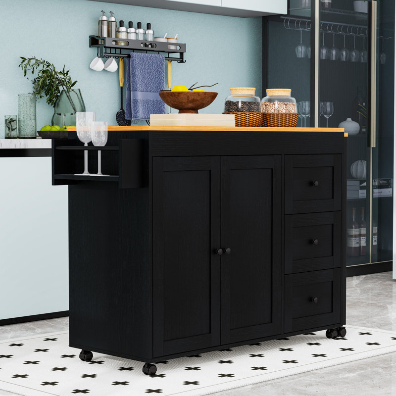 Rolling Kitchen Island with 3 Drawers, Extendable Table, Power Outlet and Storage Cabinet, Black