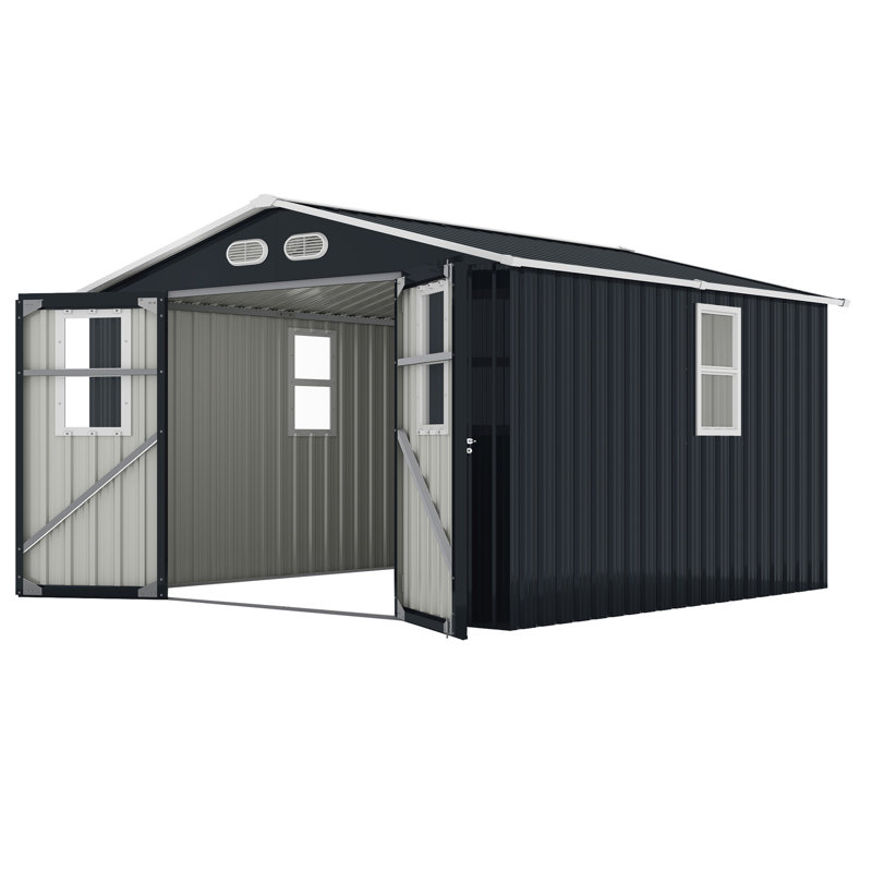 Remise de rangement extérieure 8X8 avec une excellente résistance, fabriquée en acier de couleur de haute qualité, convient aux vélos en métal gris foncé, à la conception unique de la fenêtre, à la poubelle multifonctionnelle et à l'outil
