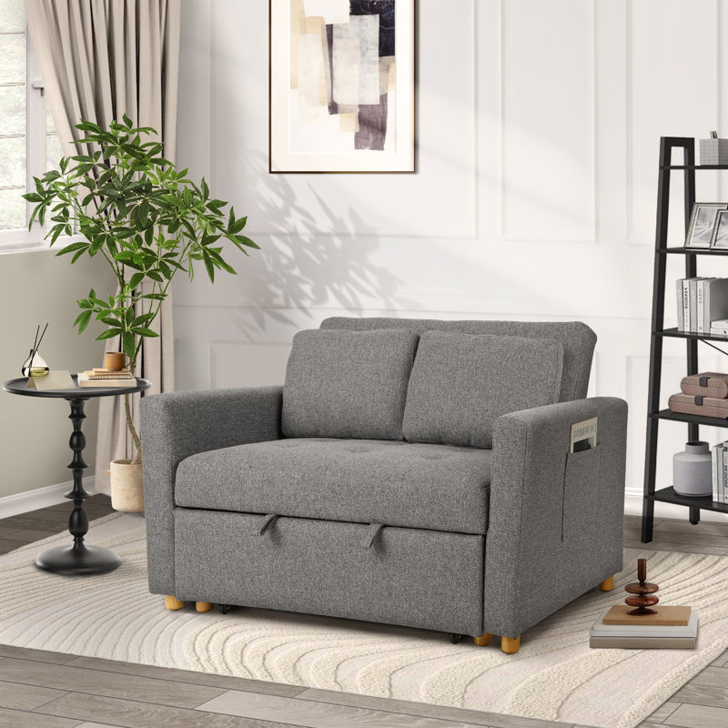 Shortridge 48.5"W 3-In-1 Convertible Linen Sleeper Sofa Bed Pull Out Couch Adjustable Backrest And Pillows, Dark Grey