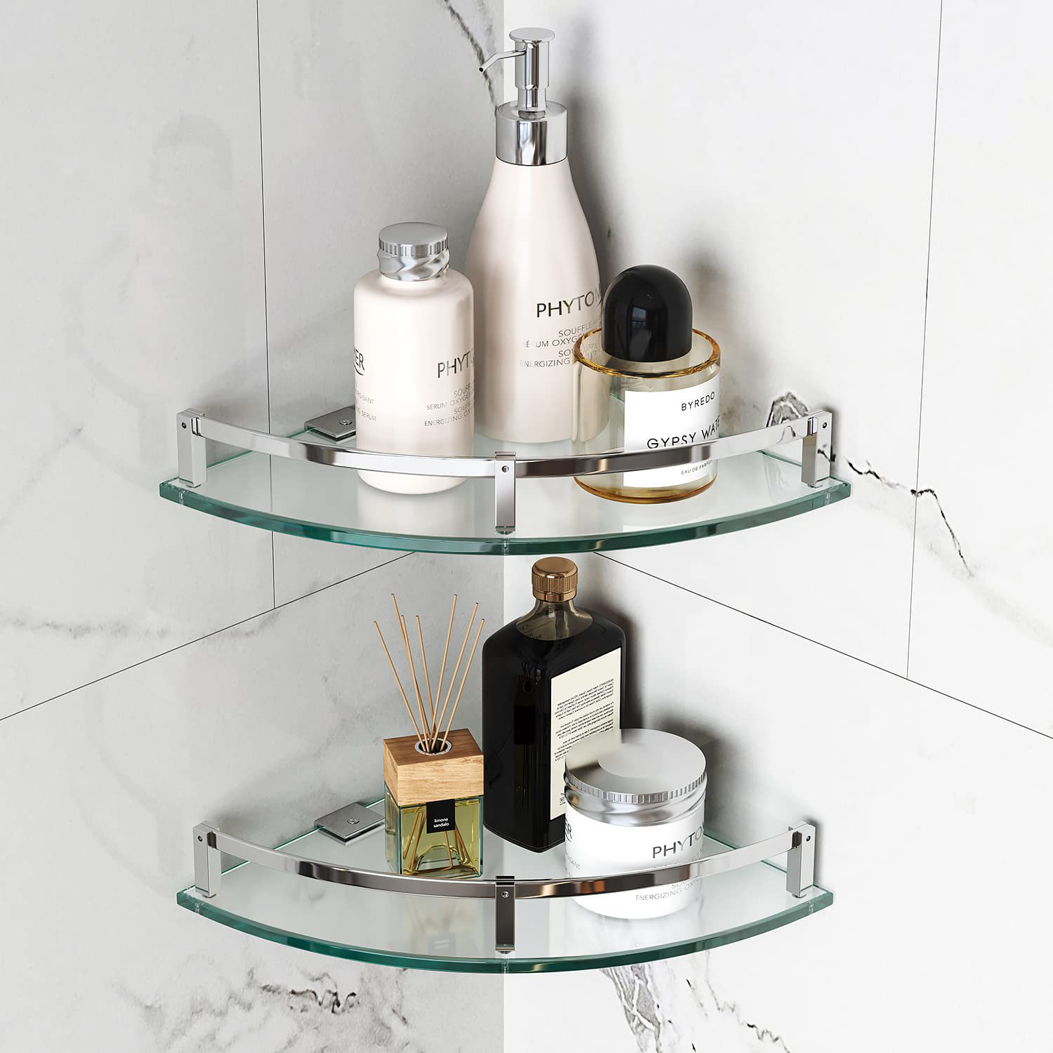 Brayden Studio® Bathroom Shelves, Glass Shelf Wall Mounted Glass Corner ...