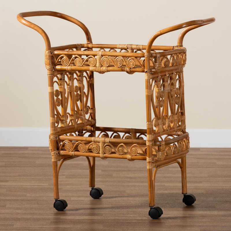 Natural Brown Rattan Round Kitchen Cart with Storage