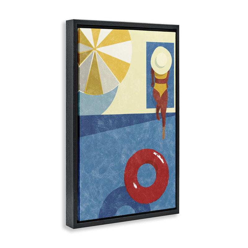 Été au bord de la piscine, toile brune encadrée par Victoria Barnes, Cadre flottant noir de jais, H 25 po x l 17 po