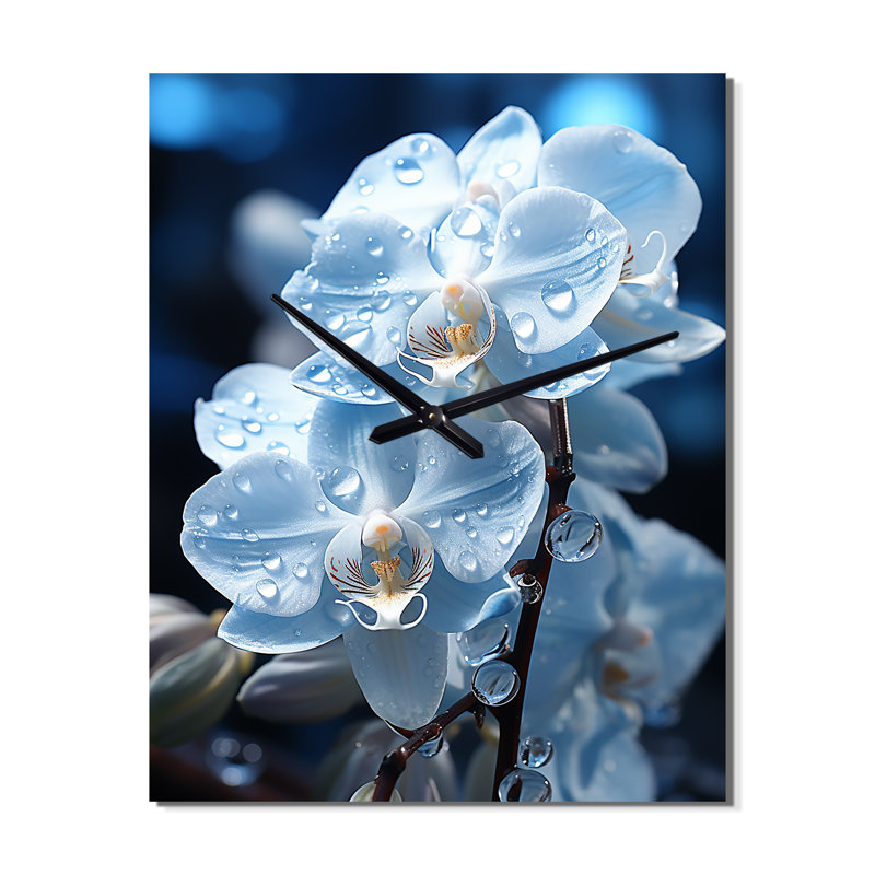 Horloge murale en forme de fleur d'orchidées nacrées bleues et blanches, Très grand