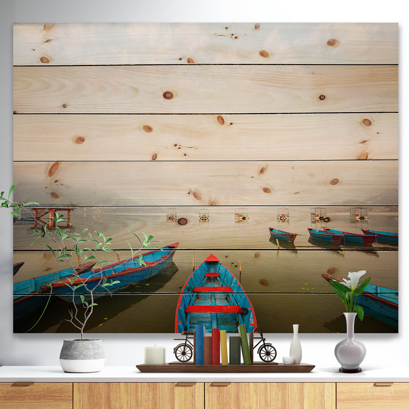 Photographie «Moving Boat in Mountain Lake», H 36 po x l 46 po x P 1,5 po, Bois