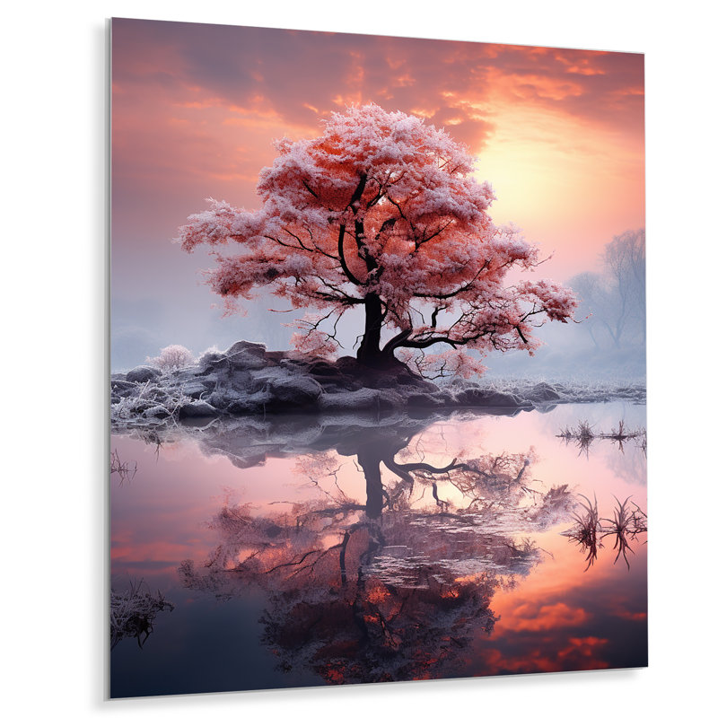 Arbre rose sur une île comme les couleurs chaudes du coucher du soleil - arbre d'hiver, décoration murale, Métal métal