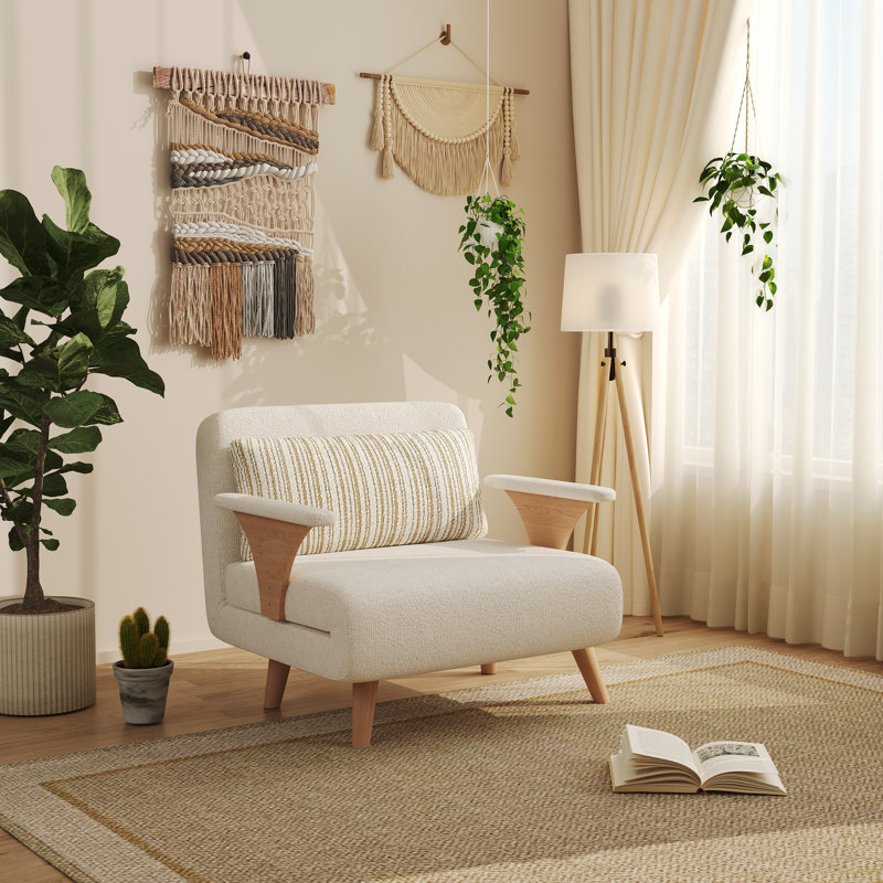 Canapé-lit 3 en 1 en coton et lin beige avec pieds en bois massif et coussin, L 39,37 po