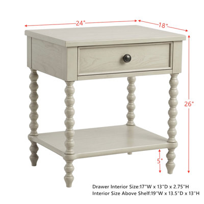 Table de chevet - Bois massif avec finition blanchie, glissière de tiroir en métal, délice, objet facile à assembler, l 24 po x P 18 po, h aspect naturel, glissement, grâce, requis,