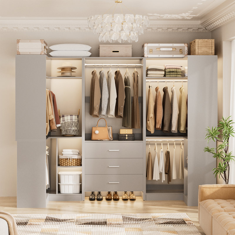 88.8'' W Closet System with Wooden Drawers and Hanging Rods, Gray