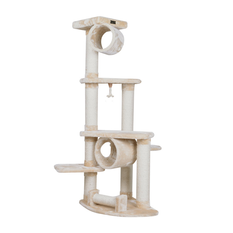 Beige Faux Fur and Sisal 74'' Cat Tree with Multiple Perches