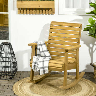 Chaise berçante d'extérieur en bois, chaise berçante traditionnelle en bois à lattes avec accoudoirs et dossier haut pour l'intérieur et l'extérieur, brun clair