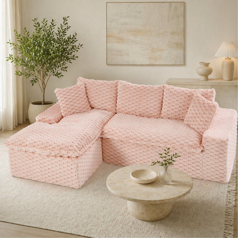 Canapé polyvalent en velours rose tortue: siège convertible à deux places avec méridienne gauche (chaise longue inclinable moelleuse pour les loisirs confortables), avec sièges en face à face, permutable entre la forme en L et la droite