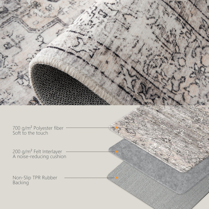Redenhalk Gray/Beige/Brown Machine Washable Area Rug,Non-Slip Bordered Rug For Living Room, Hallway, Entryway