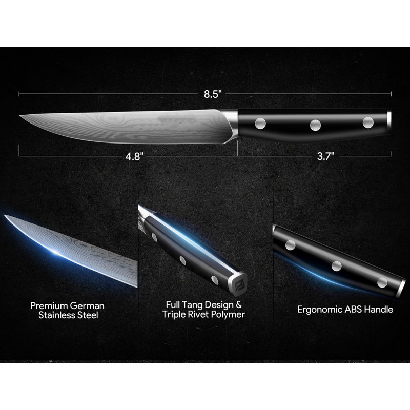 MODERN WALLS LLC Steak Knives Set Of 8 With Drawer Organizer, 4.5 Inch Non Serrated Dinner Knife, Forged German Steel Damascus Pattern Straight Edge Meat Knife With Full Tang Handle, Dishwasher Safe