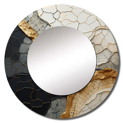 Black Gold Adorned Poteries VII - Abstract Spirals Mirror, Black Round Decorative Wall Mirror, Printed Metal Art
