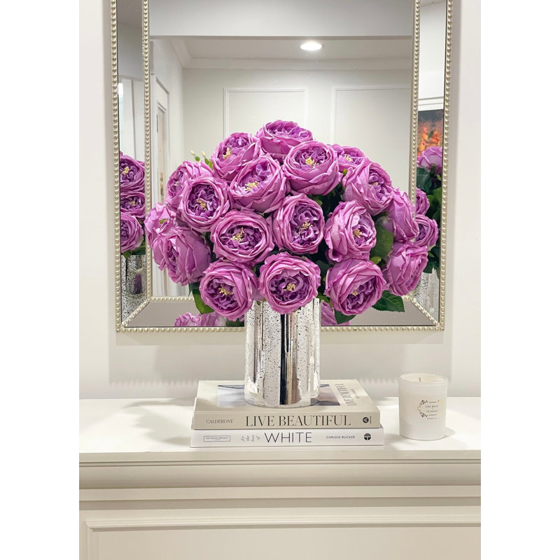 Large Purple English Rose Centerpiece In Tall Silver Vase - Luxury Decor